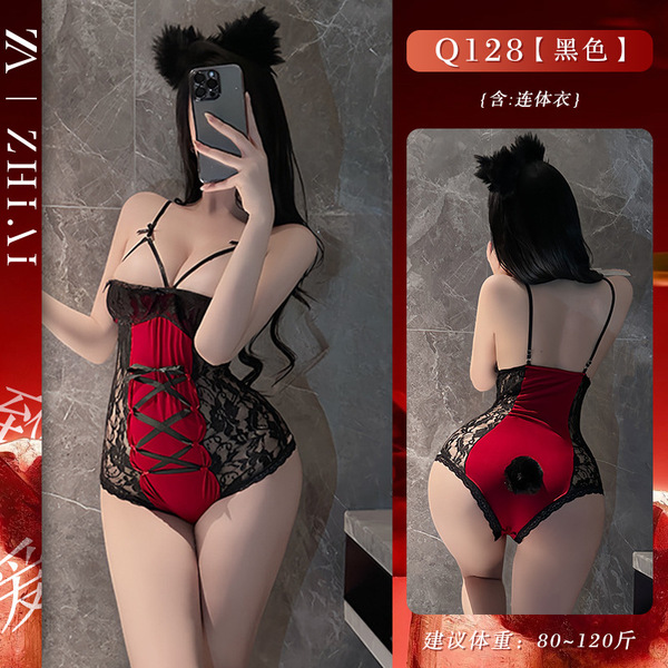 Sexy Red Lace Bodysuit Set - Sheer Vintage-Themed Costume with Ties & Strap Details for New Year Eve - Red bodysuit + black ripped stockings