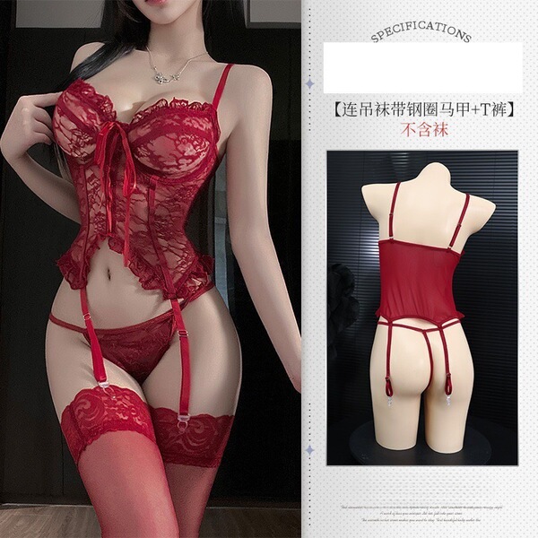 Purple Lace Lingerie Set for Women – Sexy Sheer Bodysuit with Adjustable Ties & Waist-Cinching Design - red jumpsuit