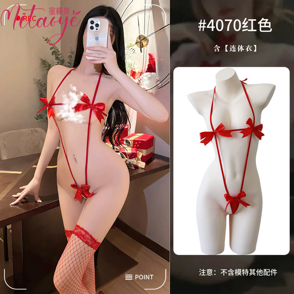 Sexy Christmas Lace Bodysuit with Bow Tie Straps - Naughty & Nice Holiday Costume for New Year's Eve - Red jumpsuit