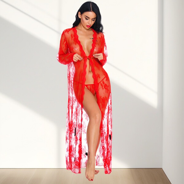 Plus Size Sheer Lace Robe Set with Matching Thong - Sexy Long Sleepwear for Women, Elegant Intimate Apparel - Red (with thong) in stock