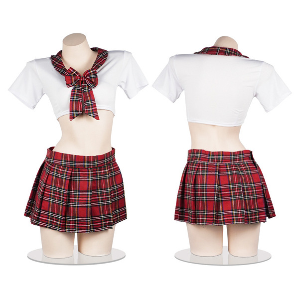 Red plaid pleated skirt set - cute schoolgirl jk uniform outfit for women, sexy modest costume