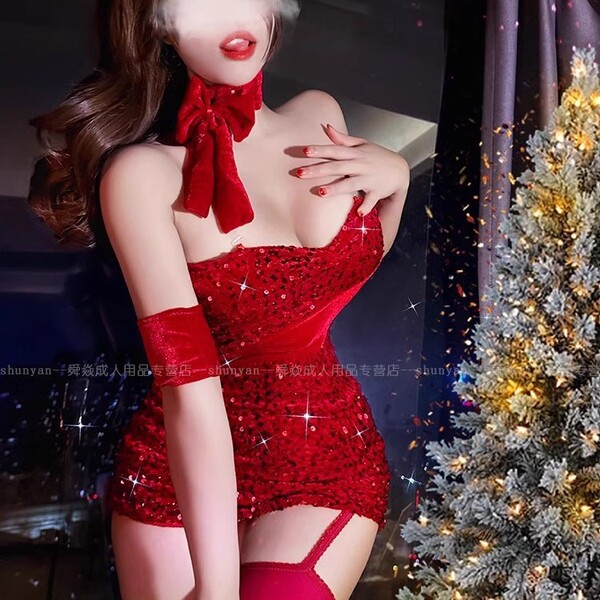Red rabbit girl costume set featuring sequined christmas-themed lingerie, perfect for holiday parties and new year celebratio...