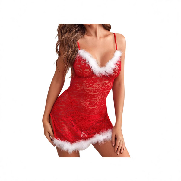 Red lace dress with white fur trim, perfect for festive holiday party wear. ideal sexy christmas and new years eve attire.