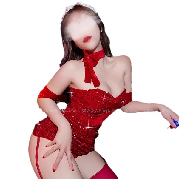 Sexy red rabbit girl costume set featuring festive christmas-themed lingerie outfit, perfect for holiday parties and new year...