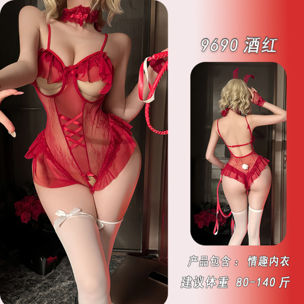 NightSigh NightSigh Bunny Girl Costume - Sheer Mesh Bodysuit with Open-Crotch Design for Cosplay & Holiday Role Play - Burgundy Rabbit Onesie