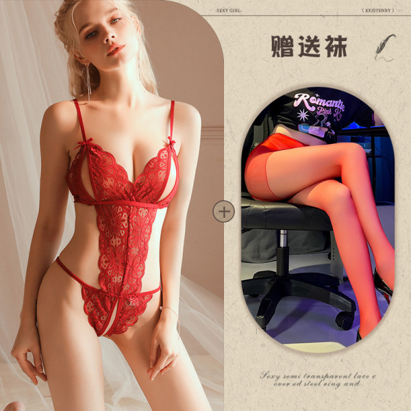Qingran Sexy Lace Bodysuit for Women – Alluring Sheer Uniform Set with Cut-Out Details & Sensual Design - Red + Red Open Crotch Socks