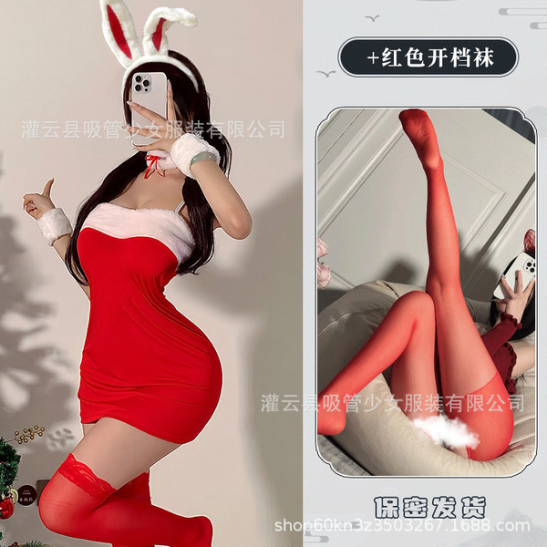 Cute Bunny Girl Costume - Sexy Christmas Outfit, Red Bodycon Mini Dress with Straw Hat & Bow - Red suit + red open-crotch socks