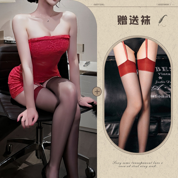 New Year Eve Lingerie Dress - Red Lace Corset Mini Dress, Sexy Bodycon Party Outfit for Women - Red + black socks with red trim