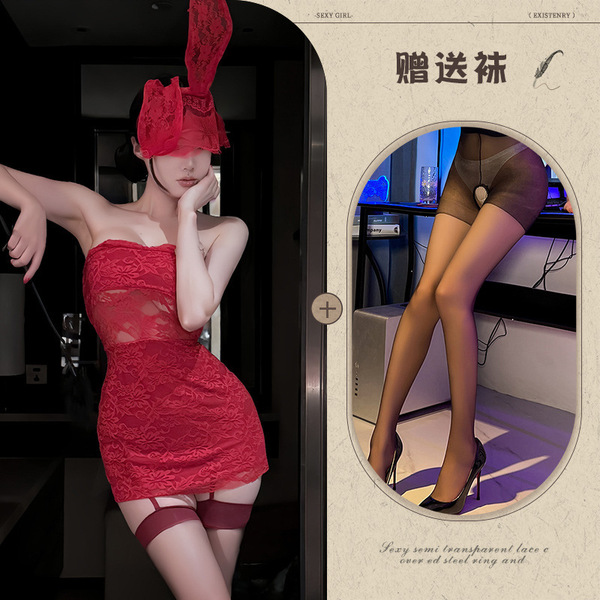New Year Eve Lingerie Dress - Red Lace Corset Mini Dress, Sexy Bodycon Party Outfit for Women - Red + red mask + black open-crotch socks