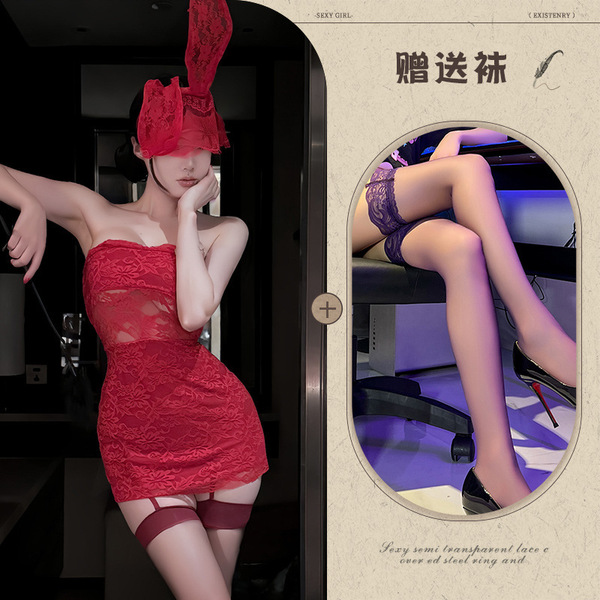 New Year Eve Lingerie Dress - Red Lace Corset Mini Dress, Sexy Bodycon Party Outfit for Women - Red + red mask + black stockings