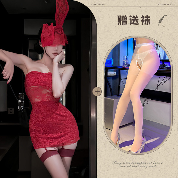 New Year Eve Lingerie Dress - Red Lace Corset Mini Dress, Sexy Bodycon Party Outfit for Women - Red + red mask + white open-crotch socks