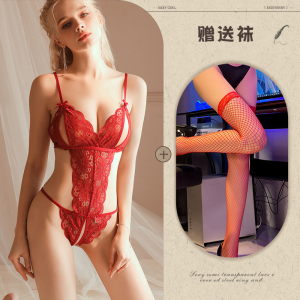 Qingran Sexy Lace Bodysuit for Women – Alluring Sheer Uniform Set with Cut-Out Details & Sensual Design - Red + Red Fishnet Stockings