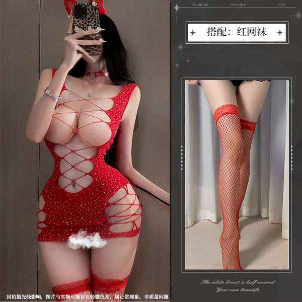 Red Lace Temptation Bodysuit Set - Sparkling Rhinestone Sheer Mesh Lingerie Outfit for Passionate Nights - Red + Red Fishnet Stockings
