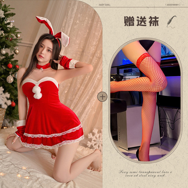 Christmas Bunny Girl Dress - Sexy Sheer Mesh Bodysuit with Sleeve Cuffs, Naughty Holiday Lingerie Set - Red + Red Fishnet Stockings