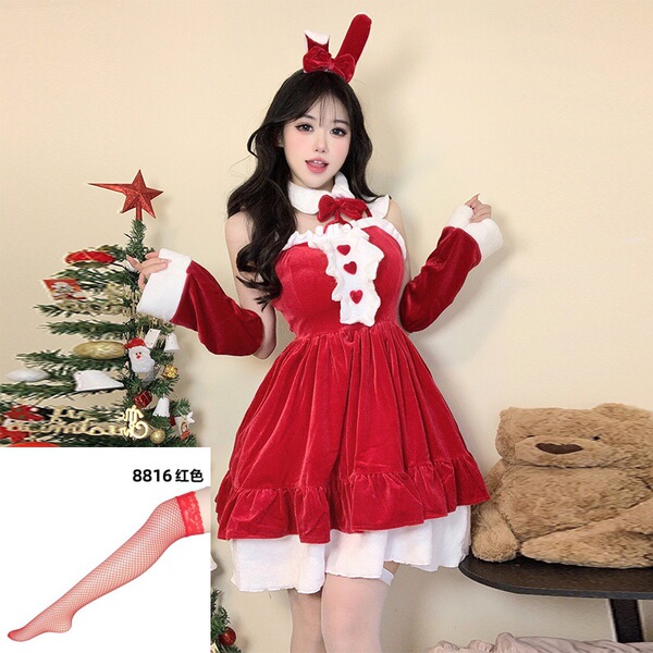 Sexy Christmas Lingerie Set - Bunny Girl & Maid Costume for New Year Date Night Outfit, Plus Size Available - Red + Red Fishnet Stockings