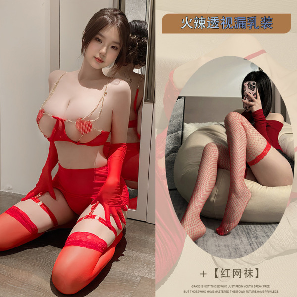 Lace Love Chain Lingerie Set – Sheer Mesh Seductive Erotic Outfit for Women - Red + Red Fishnet Stockings