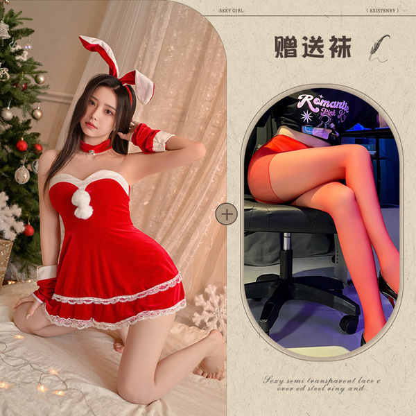 Christmas Bunny Girl Dress - Sexy Sheer Mesh Bodysuit with Sleeve Cuffs, Naughty Holiday Lingerie Set - Red + Red Open Crotch Socks