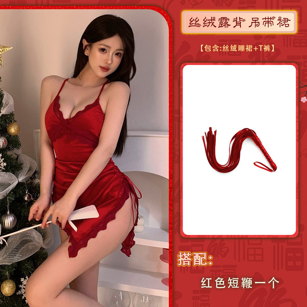 Loubie Sexy Lace Sleep Dress for Women – Velvet Mini Slip Nightgown, Busty-Looking Small Bust Lingerie, New Year Costume - Red + Red Short Whip