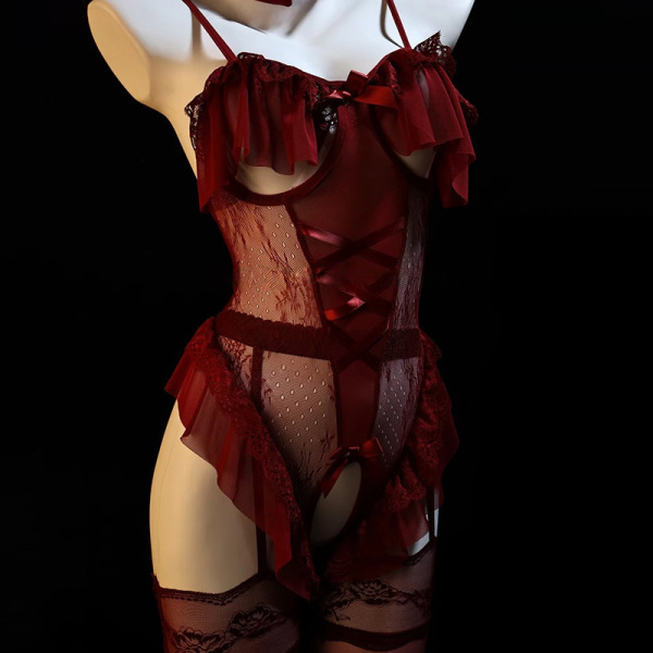 Rabbit Girl Lingerie Set - Sexy Tight-Fit Costume Sleepwear for Women, Pure Temptation Outfit - Red + red stockings