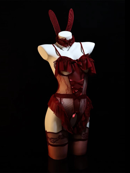 Pure & Playful Lingerie Set - Modest Yet Seductive Bunny Girl Sleepwear with Open-Crotch Design - Red + red stockings