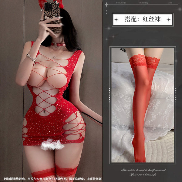 Red Lace Temptation Bodysuit Set - Sparkling Rhinestone Sheer Mesh Lingerie Outfit for Passionate Nights - Red + red stockings
