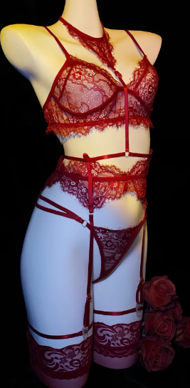 Pure & Playful Lingerie for Small Busts – Seductive, No-Remove Intimate Outfit for Women - 1012 Red + Red Stockings