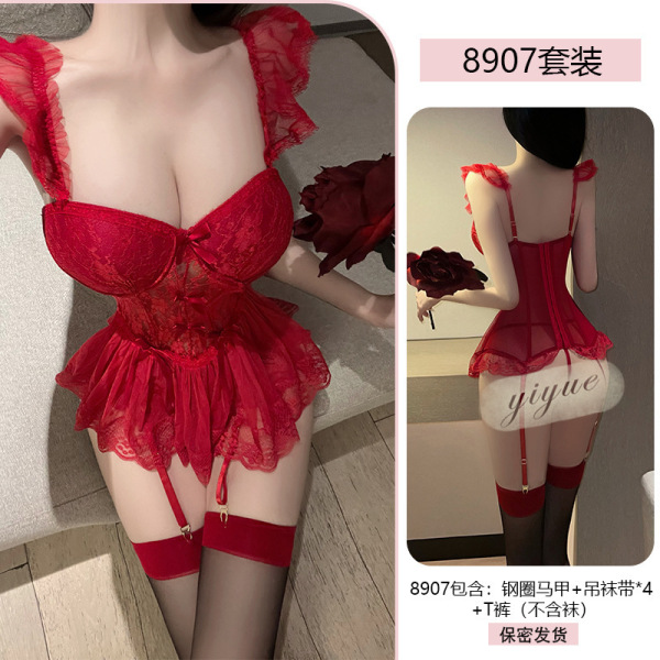 QQNY Pure Allure Lace Sleepwear Set – Elegant Sensual Women's Intimate Nightwear, Premium Soft Fabric - Red suit + red stockings