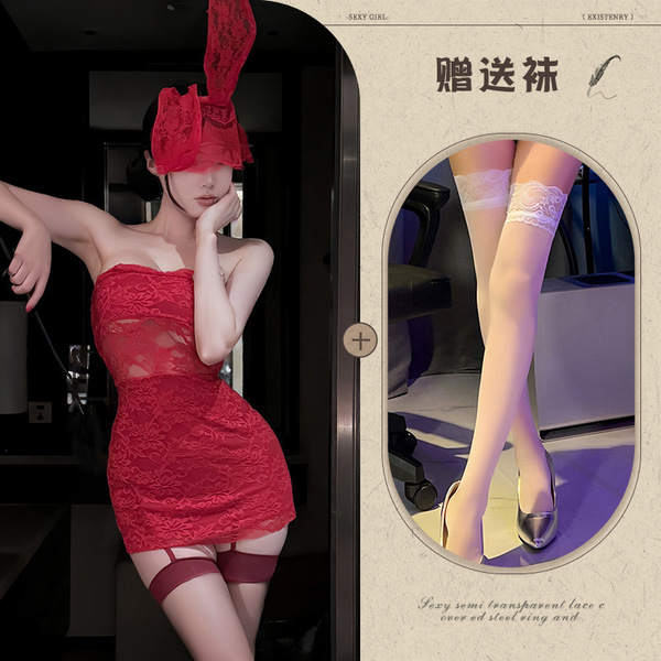 New Year Eve Lingerie Dress - Red Lace Corset Mini Dress, Sexy Bodycon Party Outfit for Women - Red + red mask + white stockings