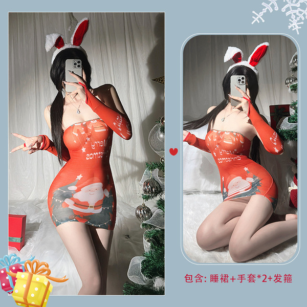 Sexy Christmas Bunny Girl Costume Set - Festive Erotic Lingerie Outfit for New Year's Eve & Holiday Parties - (6399 Wine Red + Headband)