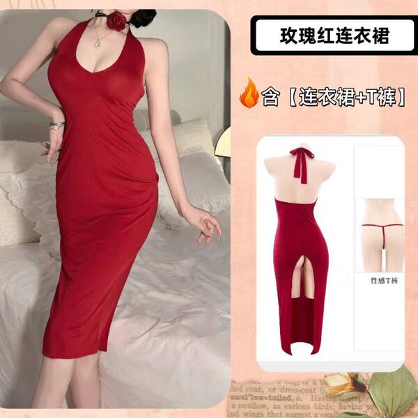 Yilanfang New Bride Cheongsam Lingerie Dress - Deep V Neck Halter Erotic Nightwear Set for Romantic Bedroom Moments - Red + Neck Rose