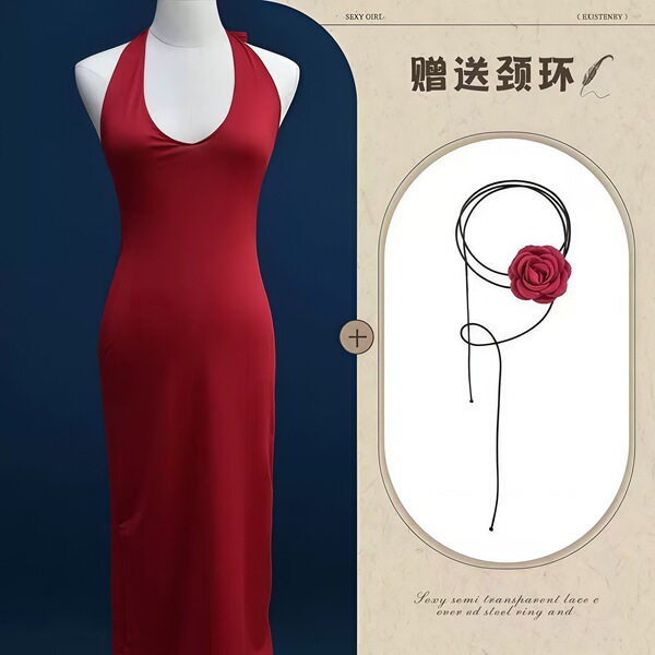 QQNY Pure Allure Sleepwear Set – Elegant Sensual Lingerie for Women, Luxury Bedroom Wear - Red and rose choker