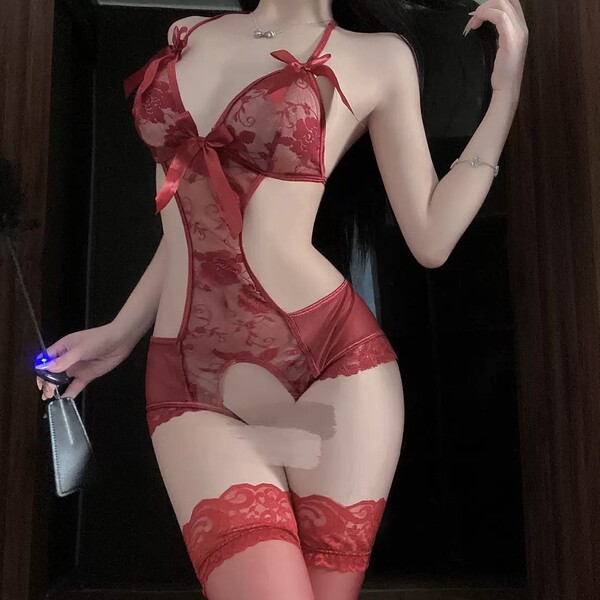 Pure & Seductive Lace Bodysuit for Women – Sexy Open-Crotch Sleepwear, Busty-Flattering Lingerie Set - Red + matching socks