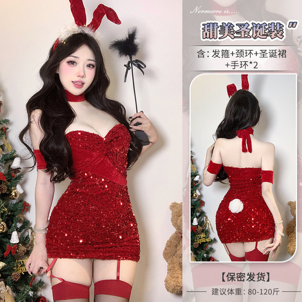 Sexy Bunny Costume Red Sequin Corset Dress - Holiday Party Outfit for New Year & Christmas Nightclub Performance - Red + matching socks