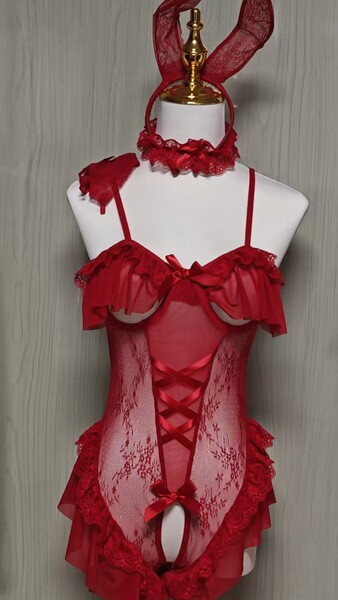 Hemei Sexy Bunny Girl Costume - Flirty Ruffle Bodysuit for Couples, Cute Lingerie Outfit - Burgundy (socks not included)