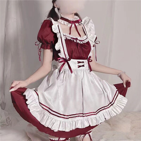 Maid Costume Cosplay Dress - Cute Japanese Lolita Student Outfit for Women & Big Size Anime Fans - Burgundy six-piece bedding set + white socks