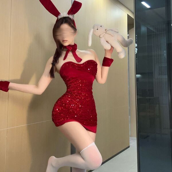 Red sexy bunny girl costume - sparkly tight mesh bodysuit & skirt set, new year lingerie outfit featuring bunny ears and plus...