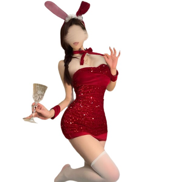 Red sexy bunny girl costume - sparkly tight mesh bodysuit & skirt set, perfect for new years eve outfits