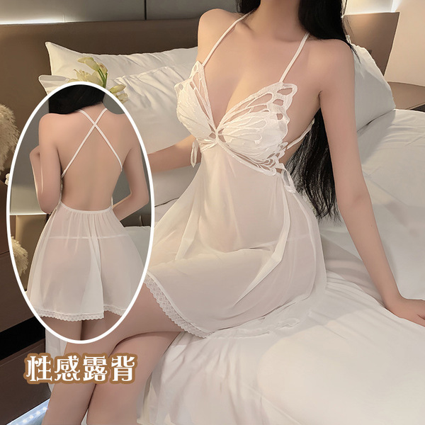 Sexy lace sleep dress with backless design, sheer fabric, perfect nightwear for small bust.