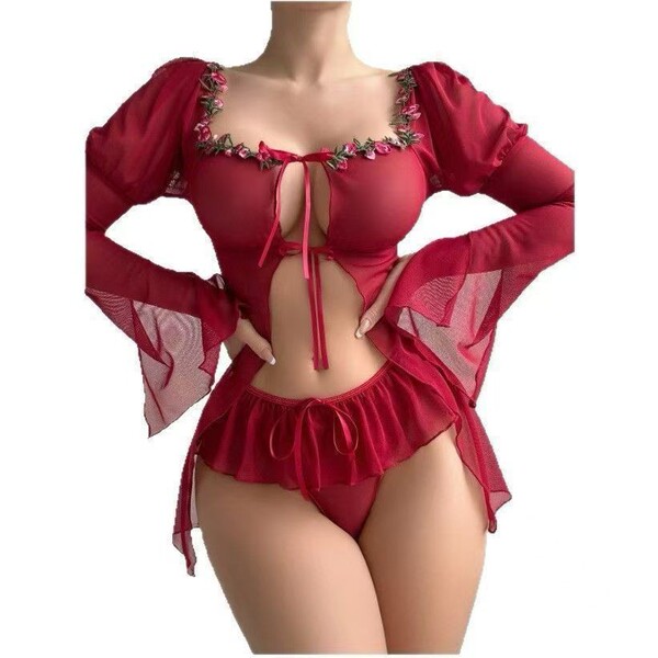 Red sexy lingerie set with floral embroidery, sheer sleeves, and skirted bikini bottom - pure & tempting -style vacation swi...