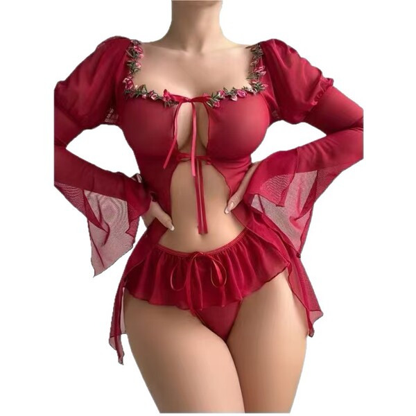 Red sexy lingerie set with floral embroidery, sheer sleeves, and skirted bikini bottom for a pure yet tempting vacation look.