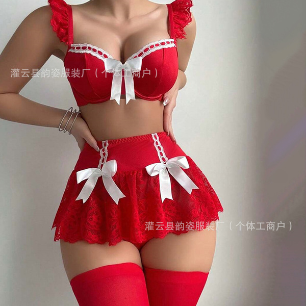 Pure & Spicy Women's Summer Lingerie Set – Sexy Bow Bikini Sleepwear Outfit for Adults - Red (with stockings)