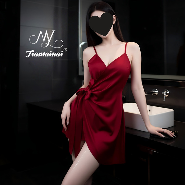 Sensual Lace Sleepwear for Women - Sheer Mesh Halter Nightgown with Adjustable Ties & Elegant Cutouts - Red + Red Silk