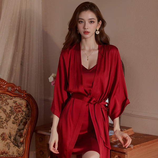 Seductive Ice Silk Backless Sleepwear Set - Sexy Lingerie Nightgown & Robe, No-Remove Passion Outfit, European Style - Burgundy (single outer robe)