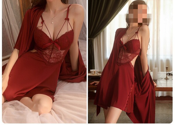 Sexy Lace Sheer Sleep Dress - Seductive Lingerie Pajama Set for Women, Pure & Tempting Nightwear - Wine-red outer robe