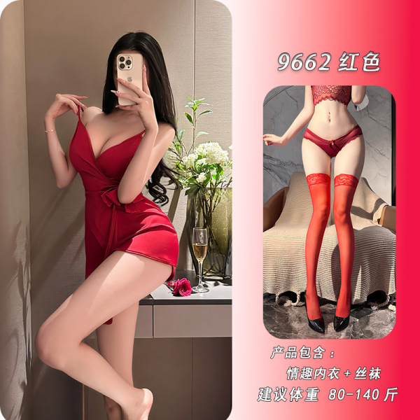 Feiniao Moonlit Lingerie Set - Sensual Waist-Cinching Sheer Deep V-Neck Tie-Detail Sleep Dress - Red + matching stockings