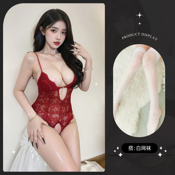 Lemon Story Sexy Sleepwear for Women - Backless Summer Lingerie, Push-Up Thin Bodysuit for Small Busts - 8842 Burgundy + White Fishnet Stockings