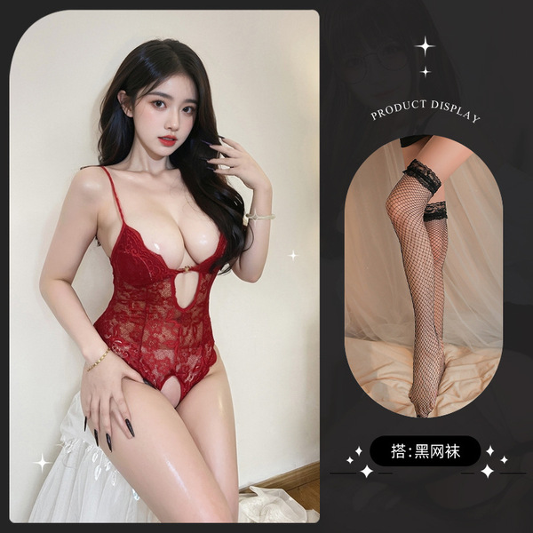 Lemon Story Sexy Sleepwear for Women - Backless Summer Lingerie, Push-Up Thin Bodysuit for Small Busts - 8842 Burgundy + Black Fishnet Stockings