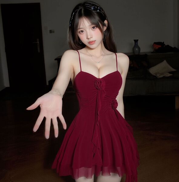 Mannyqing Lingerie Dress - Pure Temptation Halter Neck Mesh Slip Dress, Sexy Low-Cut Sleepwear for Women - Burgundy + white stockings