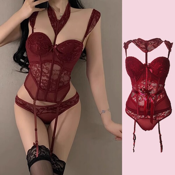 Pure & Tempting Lingerie Bodysuit - Busty-Look Push-Up Corset Vest Set for Small Bust Women - Red + red stockings