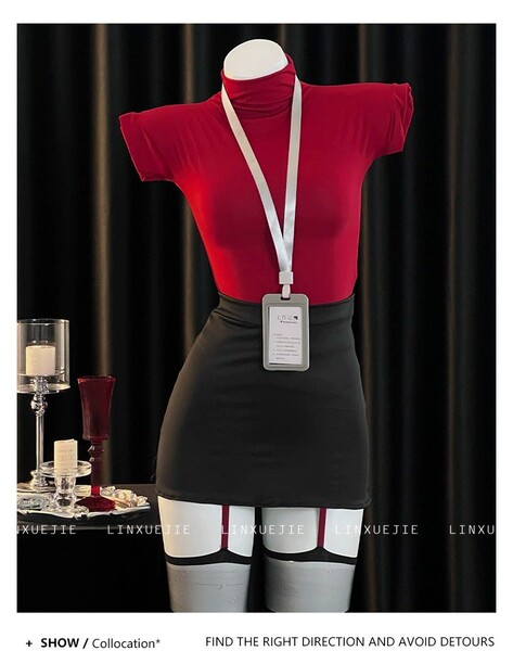 Domoila Sexy Lingerie Set - Pure & Tempting Secretary Skirt, Air Hostess Costume, Nightclub No-Remove Outfit - Red (top + skirt + name tag + thong) + matching socks